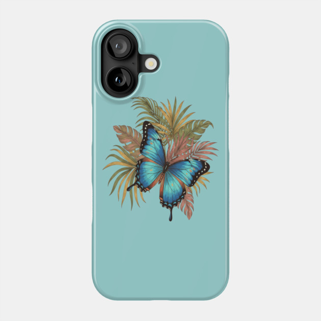 Blue Morpho Butterfly with Palms Phone Case by BirdsnStuff