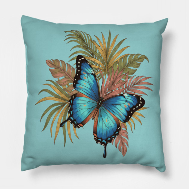 Blue Morpho Butterfly with Palms Pillow by BirdsnStuff