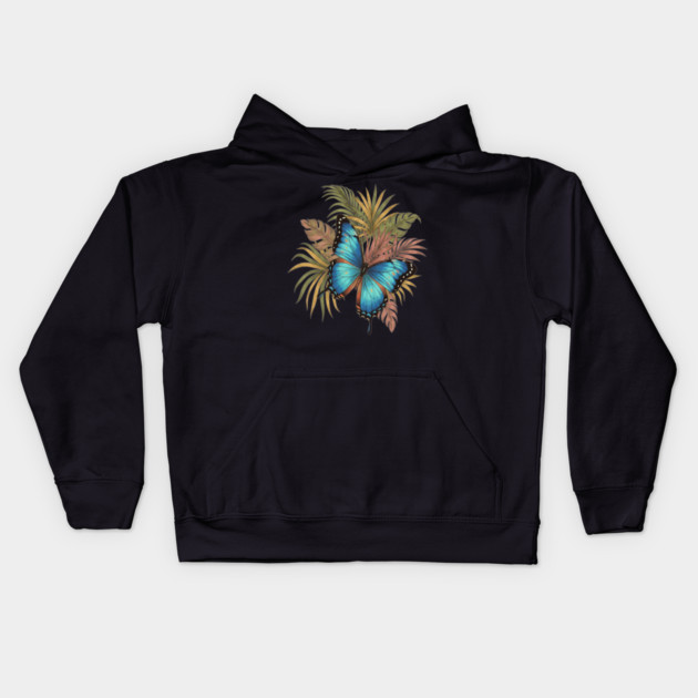 Blue Morpho Butterfly with Palms Kids Hoodie by BirdsnStuff
