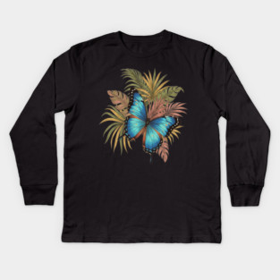 Blue Morpho Butterfly with Palms Kids Long Sleeve T-Shirt