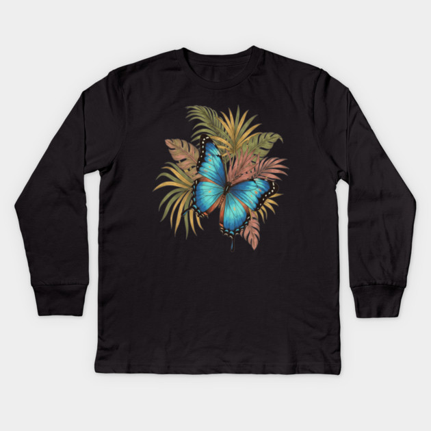 Blue Morpho Butterfly with Palms Kids Long Sleeve T-Shirt by BirdsnStuff