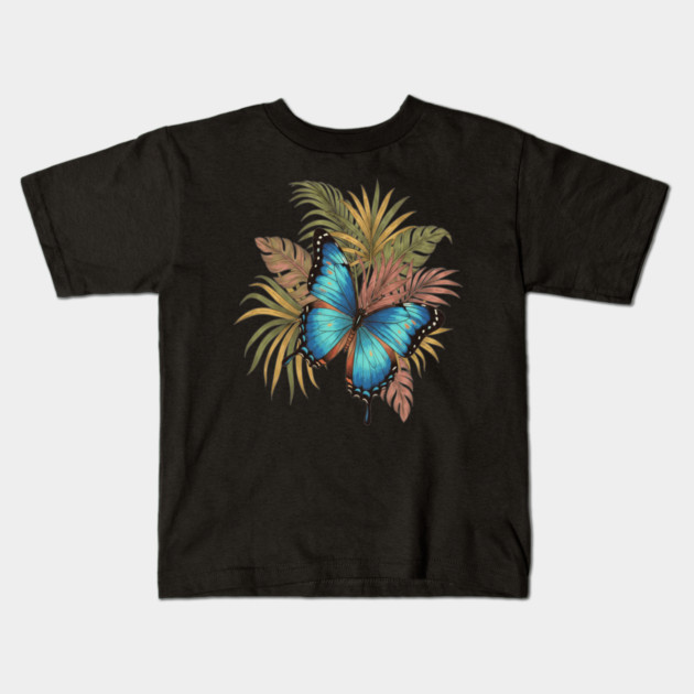 Blue Morpho Butterfly with Palms Kids T-Shirt by BirdsnStuff