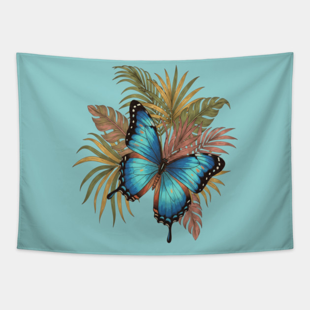 Blue Morpho Butterfly with Palms Tapestry by BirdsnStuff