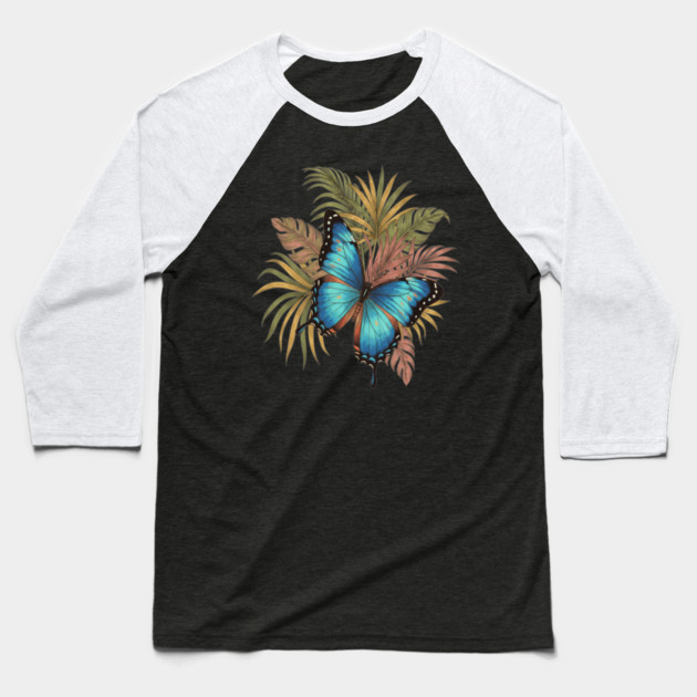 Blue Morpho Butterfly with Palms Baseball T-Shirt by BirdsnStuff