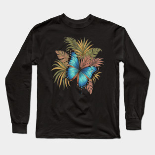 Blue Morpho Butterfly with Palms Long Sleeve T-Shirt