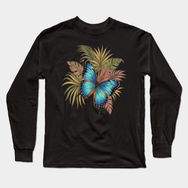Blue Morpho Butterfly with Palms Long Sleeve T-Shirt by BirdsnStuff