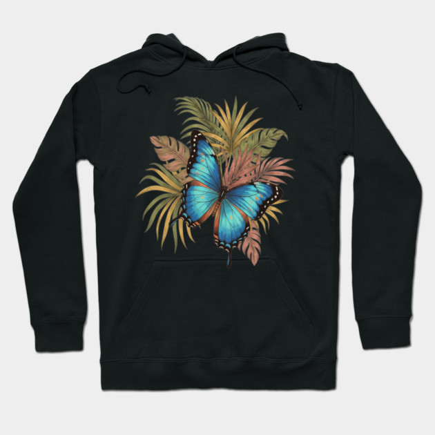 Blue Morpho Butterfly with Palms Hoodie by BirdsnStuff