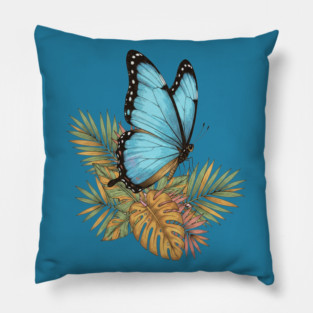 Blue Morpho Butterfly in Tropical Palms Pillow