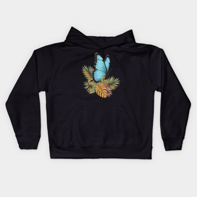 Blue Morpho Butterfly in Tropical Palms Kids Hoodie by BirdsnStuff