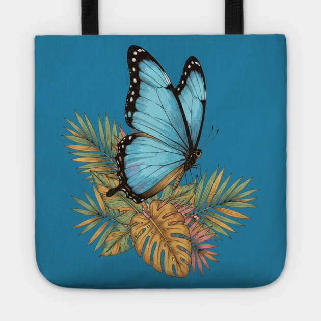 Blue Morpho Butterfly in Tropical Palms Tote by BirdsnStuff