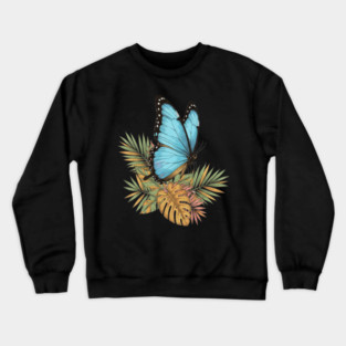Blue Morpho Butterfly in Tropical Palms Crewneck Sweatshirt