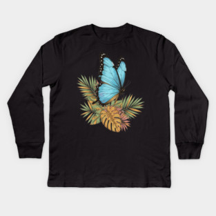 Blue Morpho Butterfly in Tropical Palms Kids Long Sleeve T-Shirt