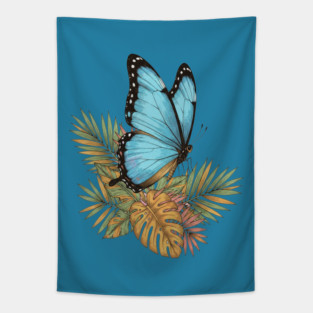 Blue Morpho Butterfly in Tropical Palms Tapestry