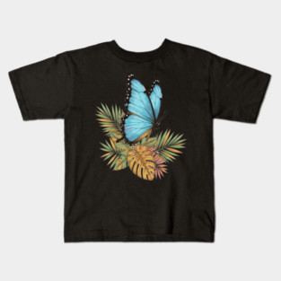 Blue Morpho Butterfly in Tropical Palms Kids T-Shirt