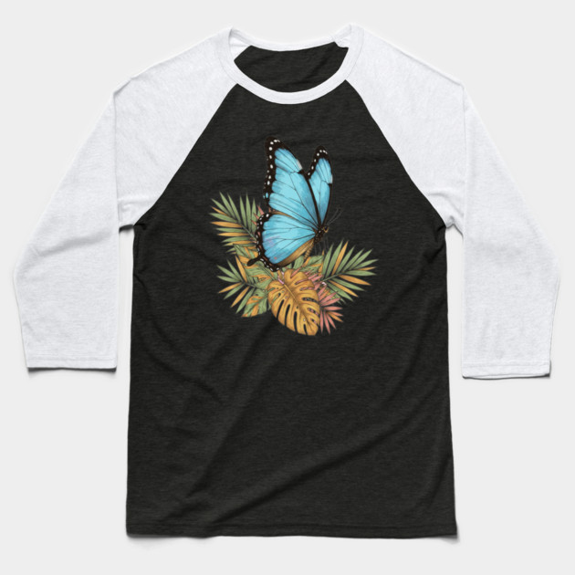 Blue Morpho Butterfly in Tropical Palms Baseball T-Shirt by BirdsnStuff