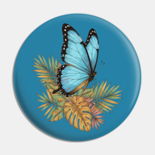 Blue Morpho Butterfly in Tropical Palms Pin