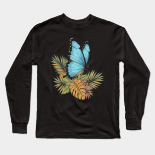 Blue Morpho Butterfly in Tropical Palms Long Sleeve T-Shirt