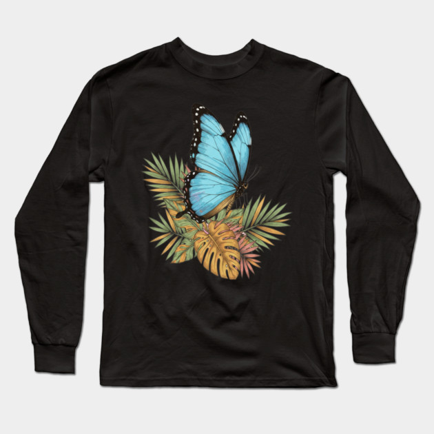 Blue Morpho Butterfly in Tropical Palms Long Sleeve T-Shirt by BirdsnStuff