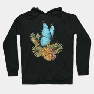 Blue Morpho Butterfly in Tropical Palms Hoodie