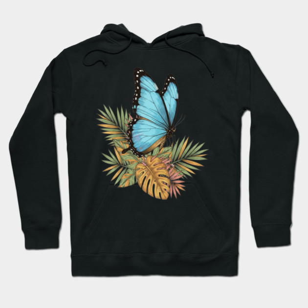 Blue Morpho Butterfly in Tropical Palms Hoodie by BirdsnStuff