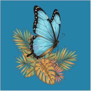 Blue Morpho Butterfly in Tropical Palms Posters and Art