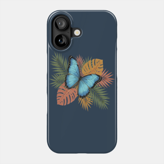 Blue Morpho Butterfly with Colorful Palms Phone Case by BirdsnStuff