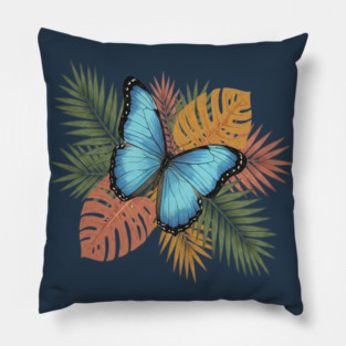 Blue Morpho Butterfly with Colorful Palms Pillow