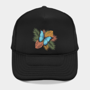 Blue Morpho Butterfly with Colorful Palms Hat