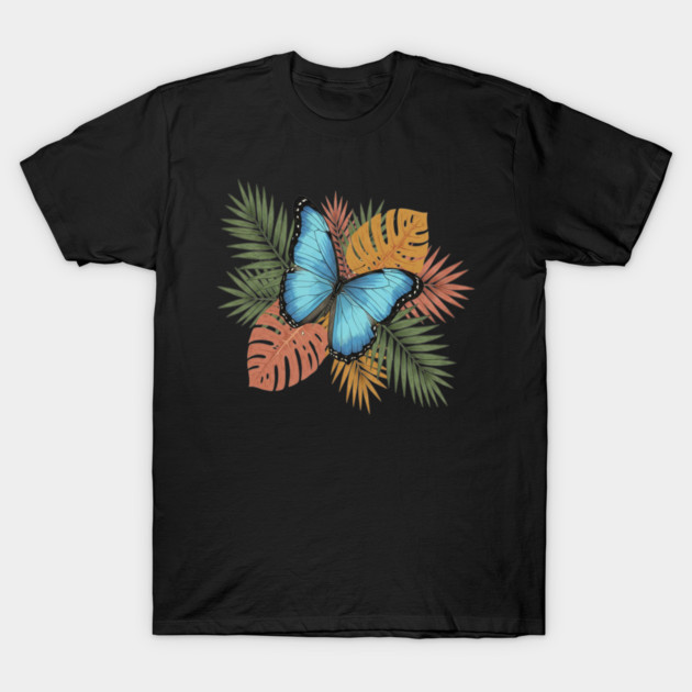 Blue Morpho Butterfly with Colorful Palms T-Shirt by BirdsnStuff