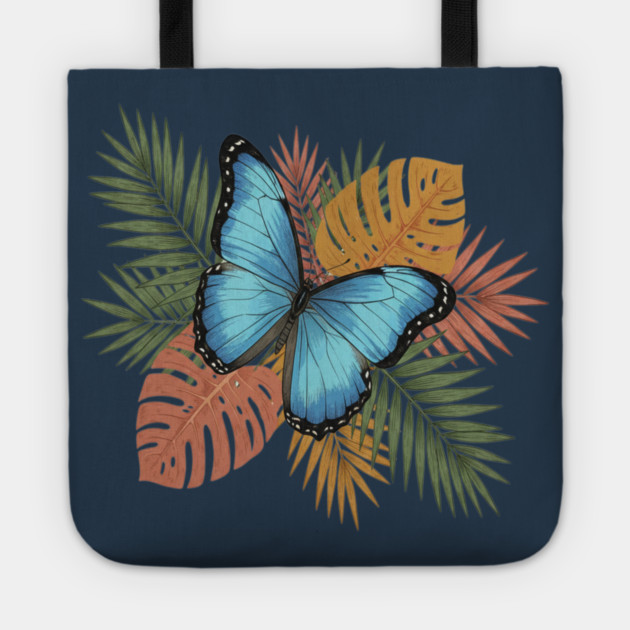 Blue Morpho Butterfly with Colorful Palms Tote by BirdsnStuff