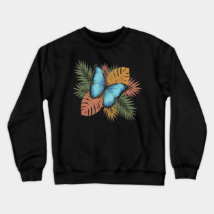Blue Morpho Butterfly with Colorful Palms Crewneck Sweatshirt