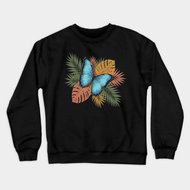 Blue Morpho Butterfly with Colorful Palms Crewneck Sweatshirt by BirdsnStuff