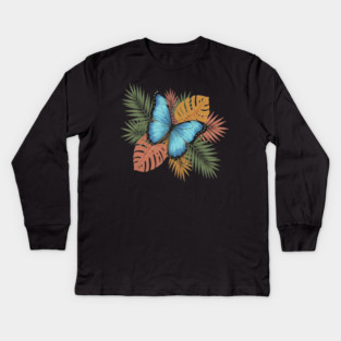 Blue Morpho Butterfly with Colorful Palms Kids Long Sleeve T-Shirt