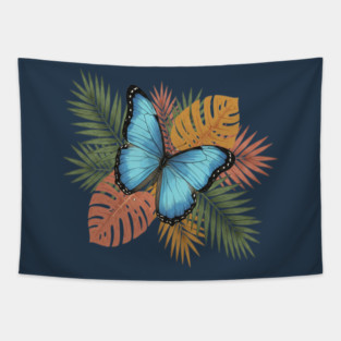 Blue Morpho Butterfly with Colorful Palms Tapestry