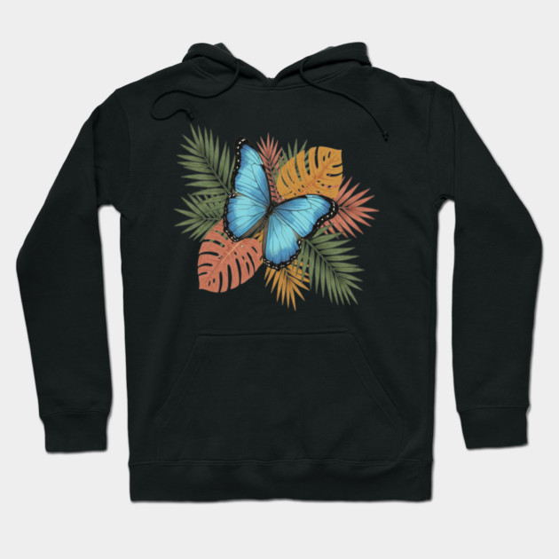 Blue Morpho Butterfly with Colorful Palms Hoodie by BirdsnStuff