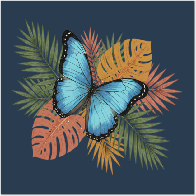 Blue Morpho Butterfly with Colorful Palms Wall Art by BirdsnStuff