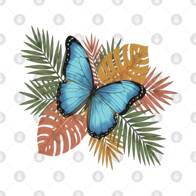 Blue Morpho Butterfly with Colorful Palms by BirdsnStuff