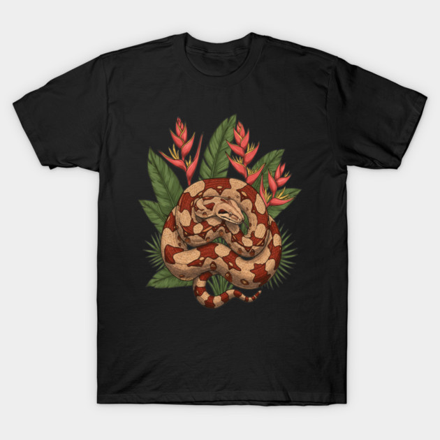 Boa Constrictor with Jungle Heliconia T-Shirt by BirdsnStuff