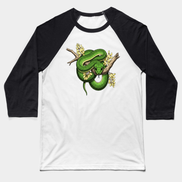 Green Boomslang with Yellow Blossoms Baseball T-Shirt by BirdsnStuff