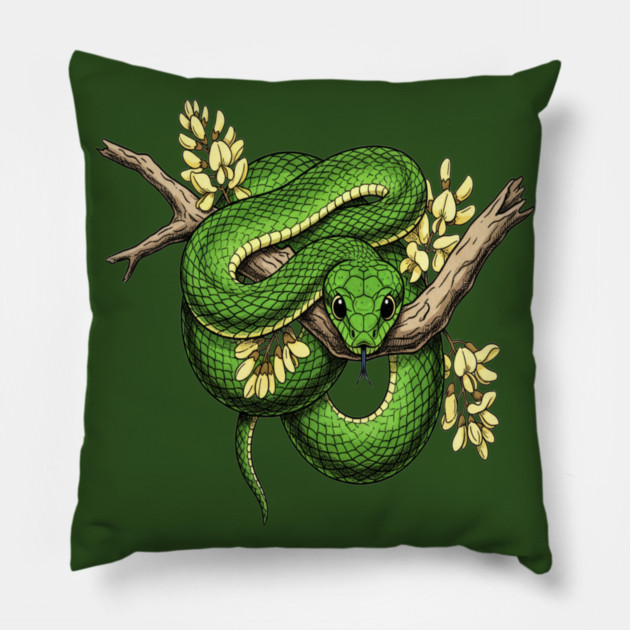 Green Boomslang with Yellow Blossoms Pillow by BirdsnStuff