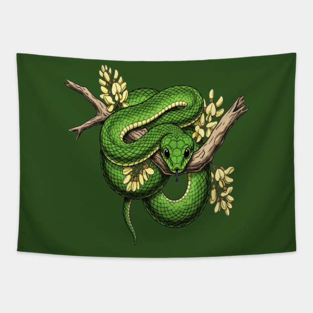 Green Boomslang with Yellow Blossoms Tapestry by BirdsnStuff