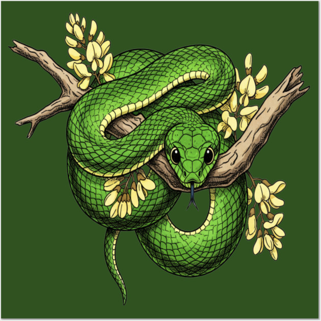 Green Boomslang with Yellow Blossoms Wall Art by BirdsnStuff