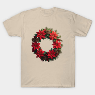 Bright Red Poinsettia and Greenery Circle T-Shirt