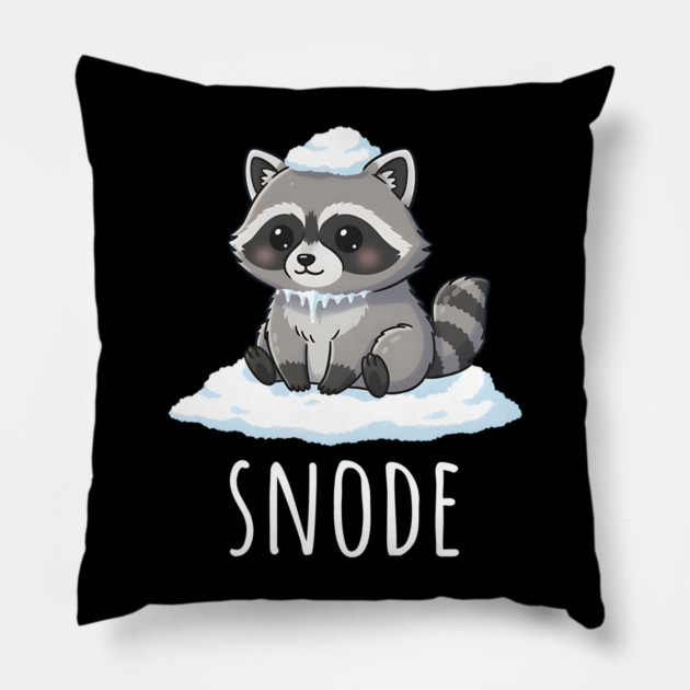 Adorable little snowed-on raccoon saying "snode" Pillow by Luxinda