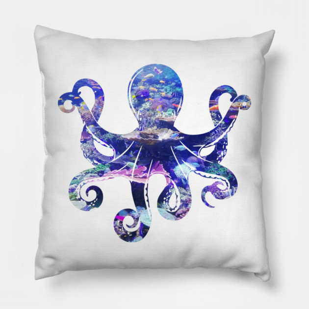 Octopus silhouette filled with colorful ocean life Pillow by Luxinda