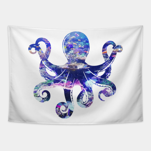 Octopus silhouette filled with colorful ocean life Tapestry by Luxinda
