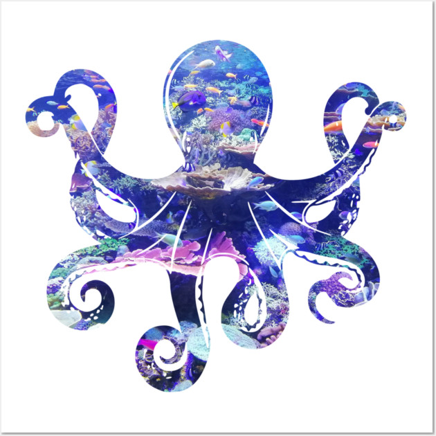 Octopus silhouette filled with colorful ocean life Wall Art by Luxinda