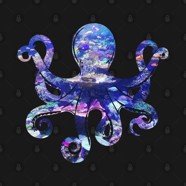 Octopus silhouette filled with colorful ocean life by Luxinda