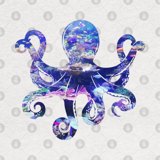 Octopus silhouette filled with colorful ocean life by Luxinda