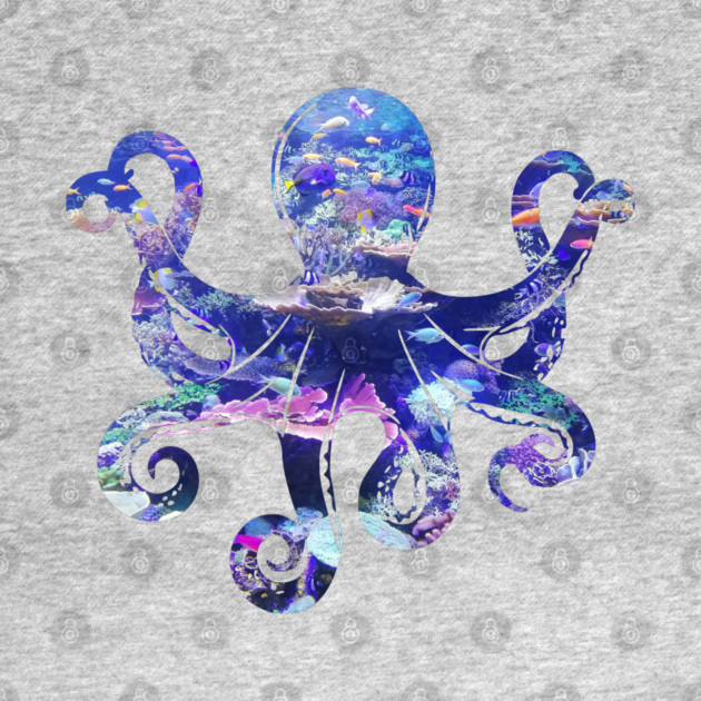 Octopus silhouette filled with colorful ocean life by Luxinda